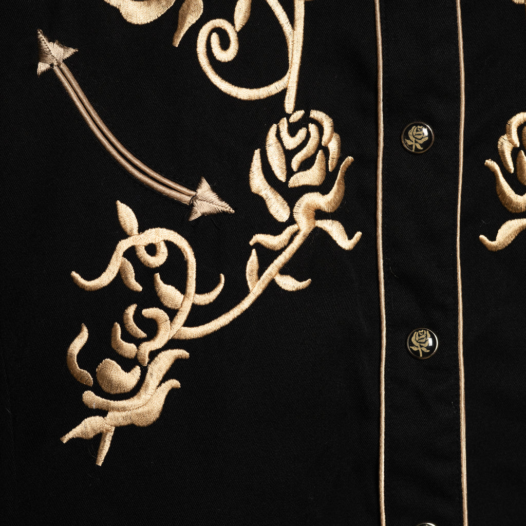 Scully Western Wear Vintage Black & Rose Gold Embroidered Pearl Snap Cowgirl Shirt — Size M