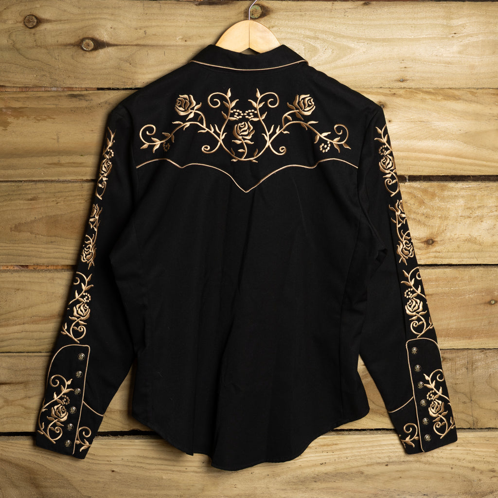 Scully Western Wear Vintage Black & Rose Gold Embroidered Pearl Snap Cowgirl Shirt — Size M