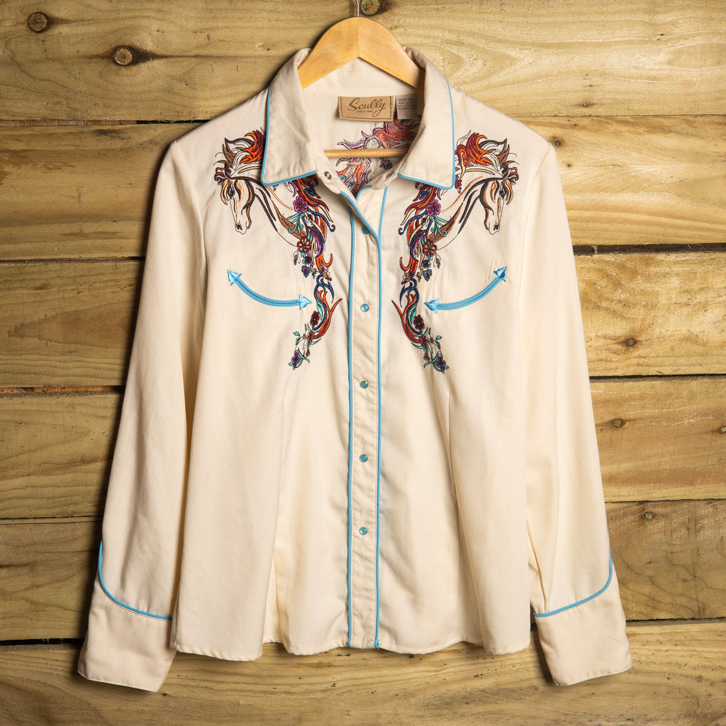 Scully Cream Horse Embroidered Pearl Snap Cowgirl Shirt – L 16–18