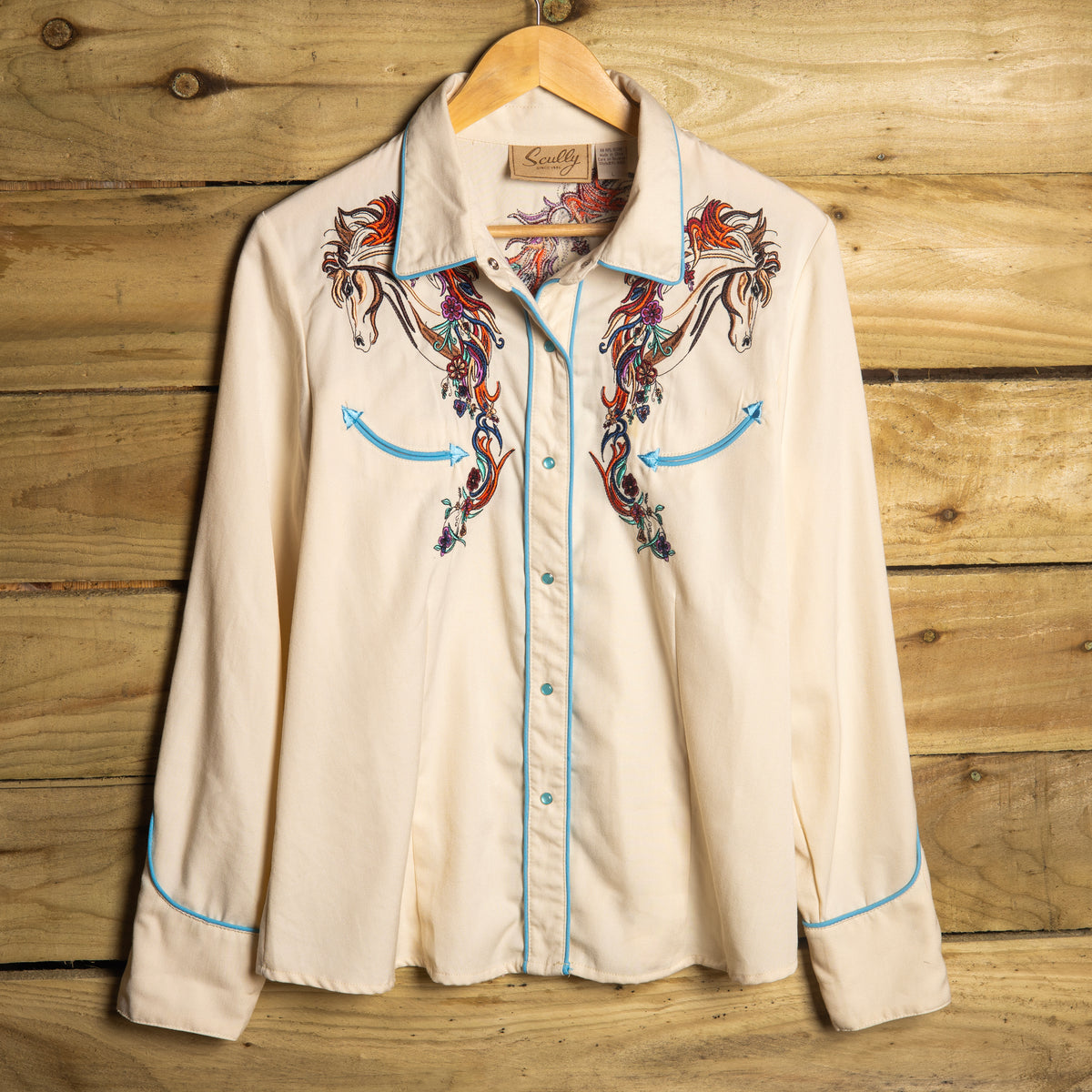 Scully Cream Horse Embroidered Pearl Snap Cowgirl Shirt – L 16–18