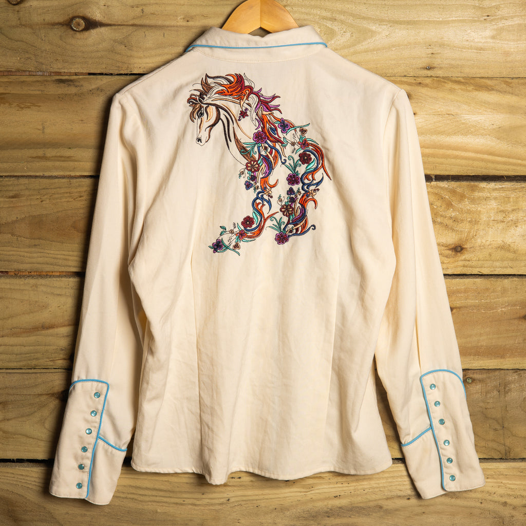 Scully Cream Horse Embroidered Pearl Snap Cowgirl Shirt – L 16–18
