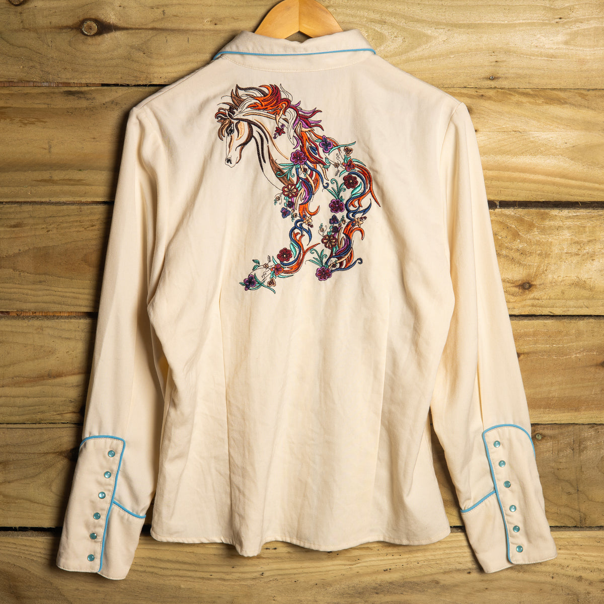Scully Cream Horse Embroidered Pearl Snap Cowgirl Shirt – L 16–18