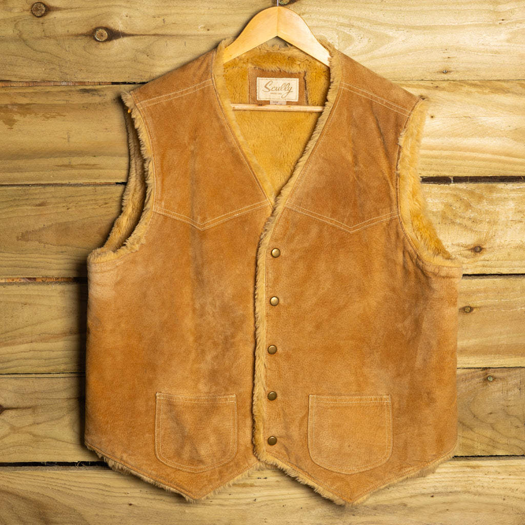 Scully Brown & Yellow Leather Fur Western Vest XL
