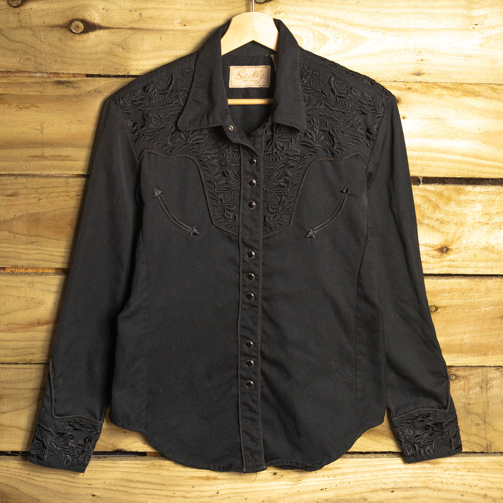 Scully Vintage Black Floral Embroidered Women's Western Shirt – Pearl Snaps – M (12–14)