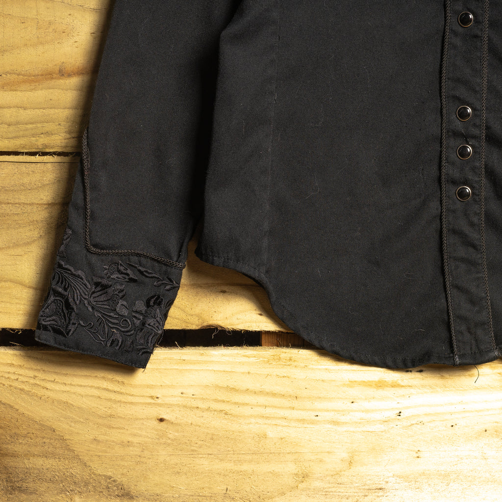 Scully Vintage Black Floral Embroidered Women's Western Shirt – Pearl Snaps – M (12–14)
