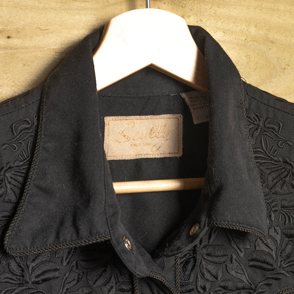 Scully Vintage Black Floral Embroidered Women's Western Shirt – Pearl Snaps – M (12–14)