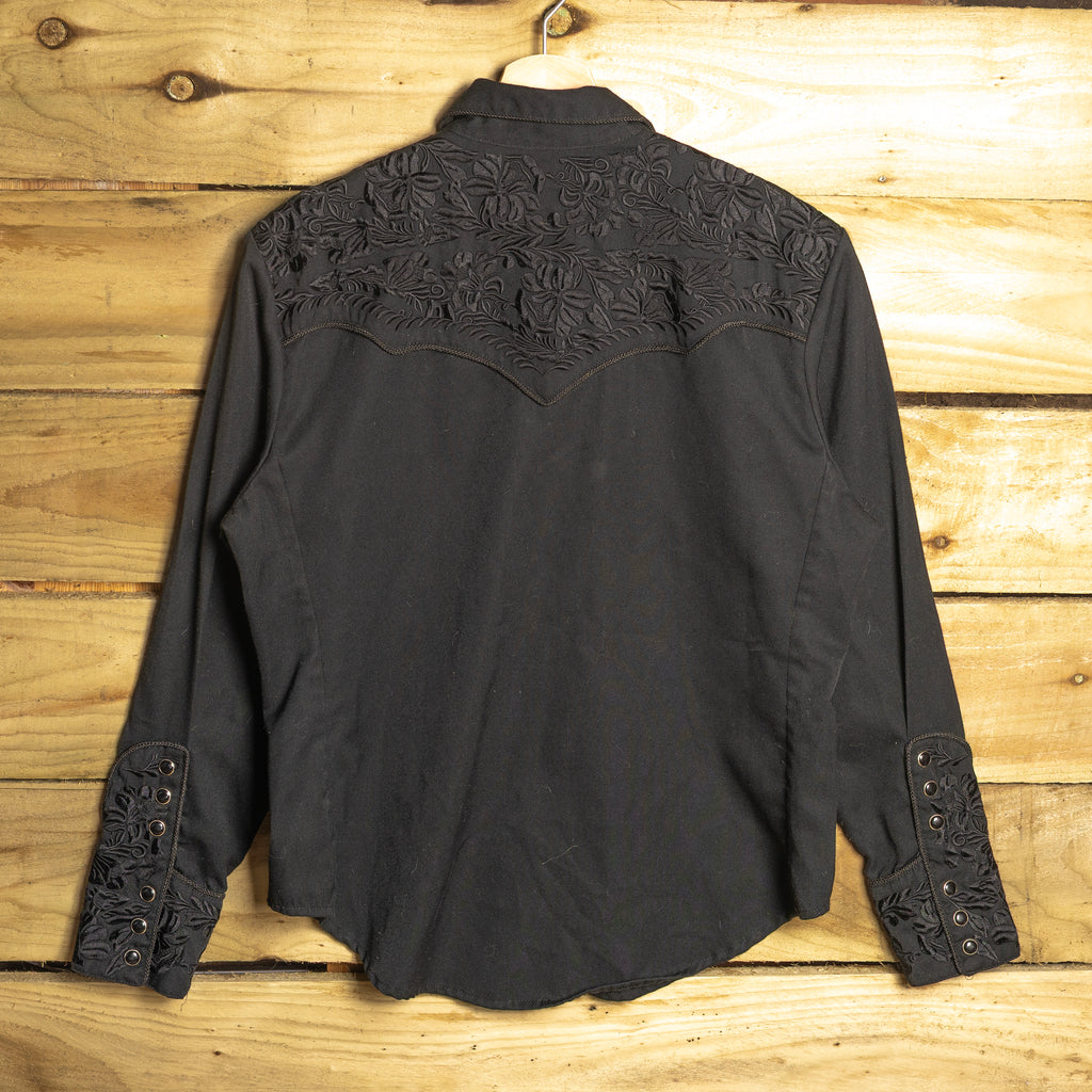 Scully Vintage Black Floral Embroidered Women's Western Shirt – Pearl Snaps – M (12–14)