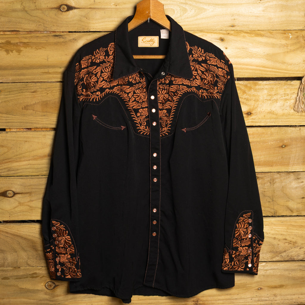 Scully Western Wear Vintage Black & Gold Embroidered Pearl Snap Western Shirt — Size XXL
