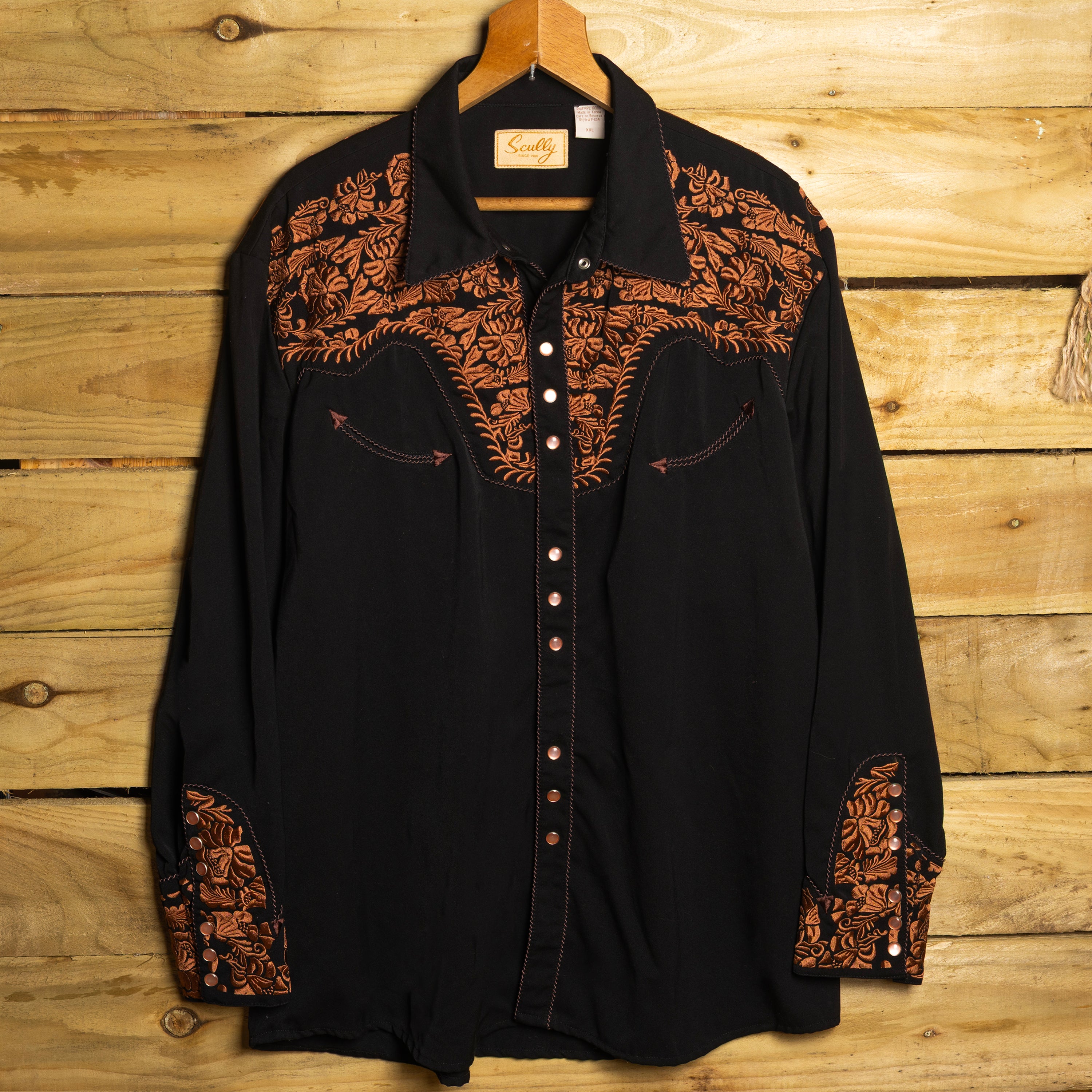 Scully Western Wear Vintage Black & Gold Embroidered Pearl Snap Western Shirt — Size XXL