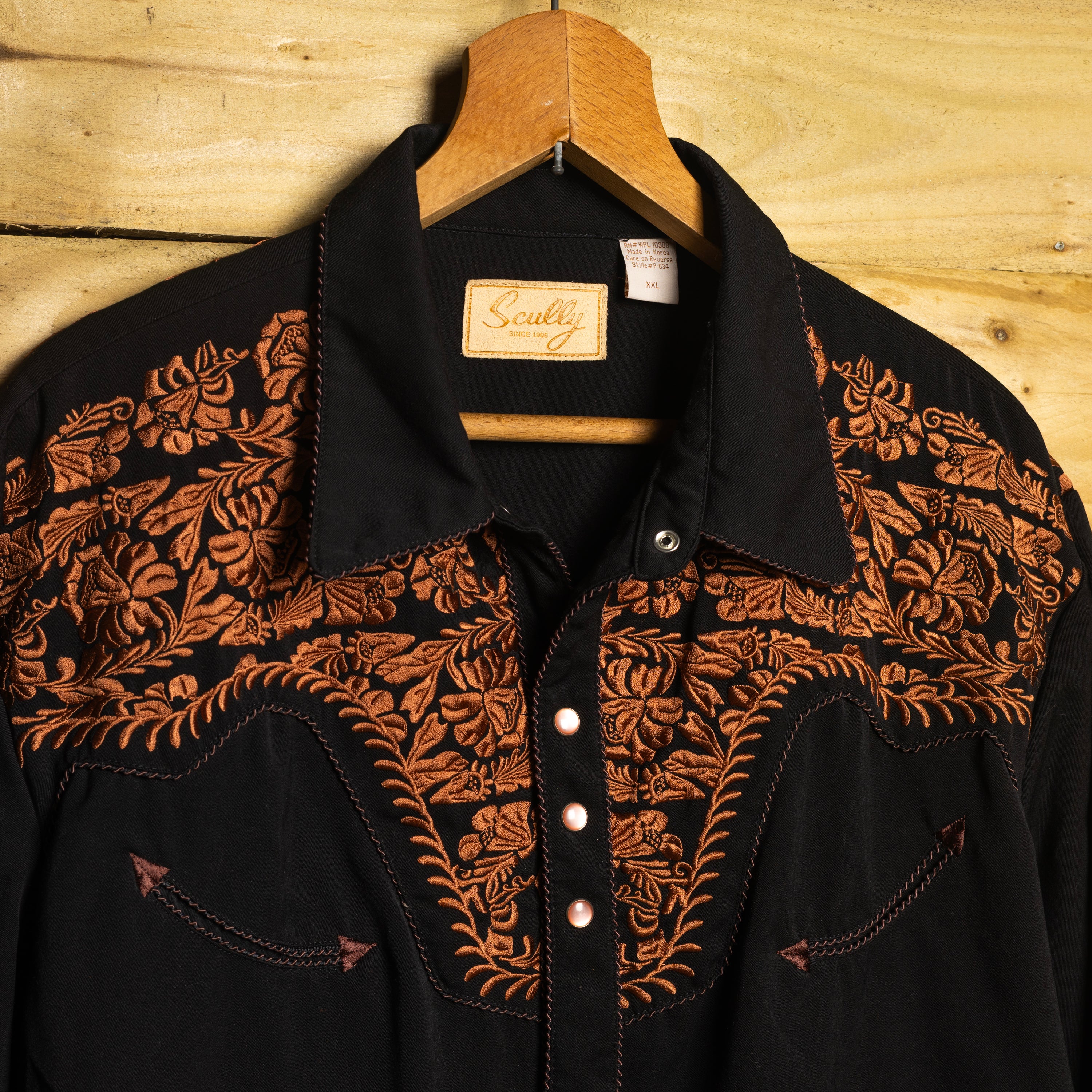 Scully Western Wear Vintage Black & Gold Embroidered Pearl Snap Western Shirt — Size XXL