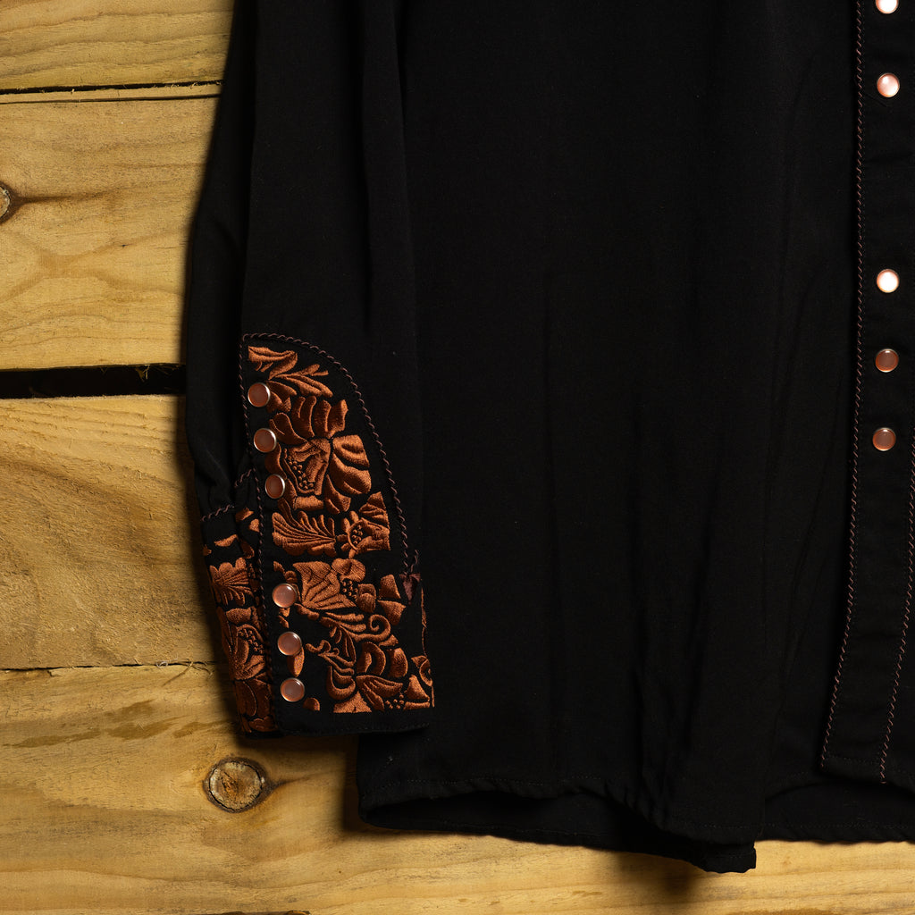 Scully Western Wear Vintage Black & Gold Embroidered Pearl Snap Western Shirt — Size XXL