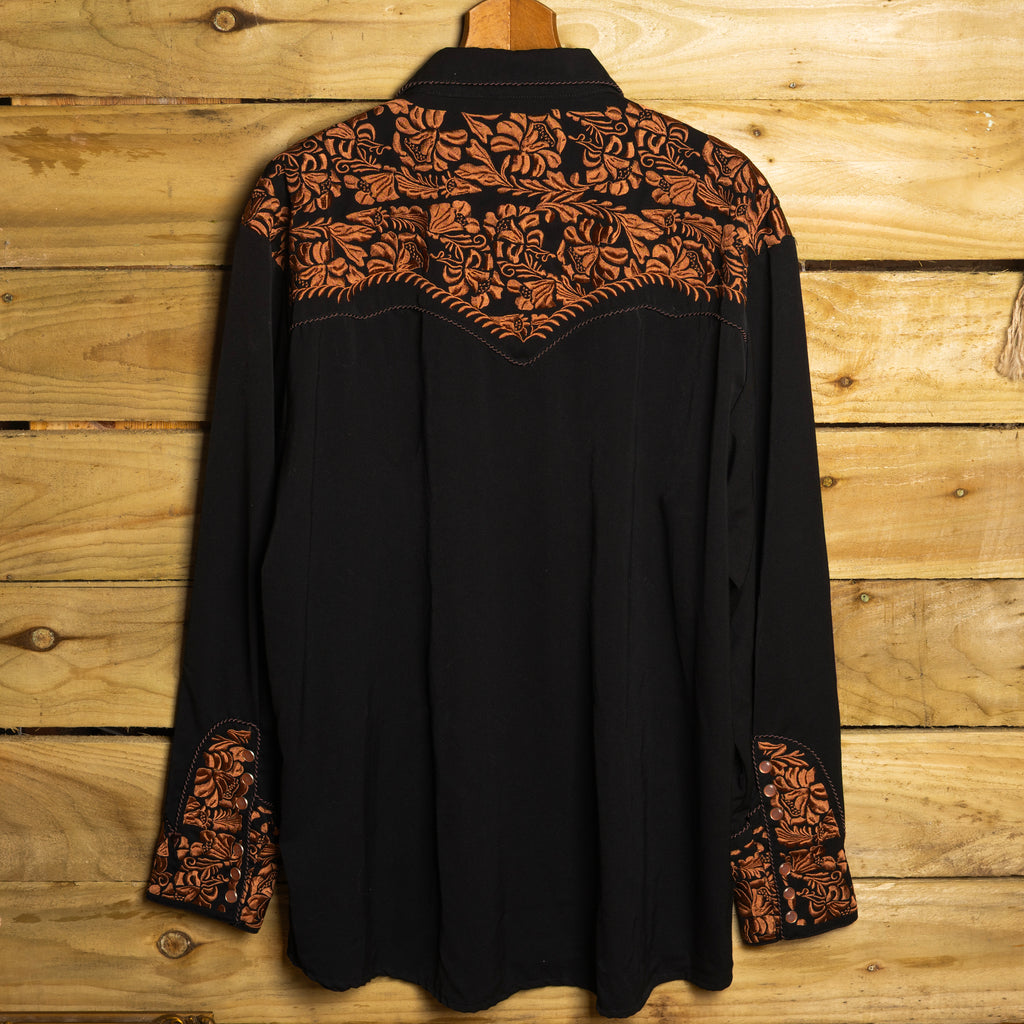 Scully Western Wear Vintage Black & Gold Embroidered Pearl Snap Western Shirt — Size XXL