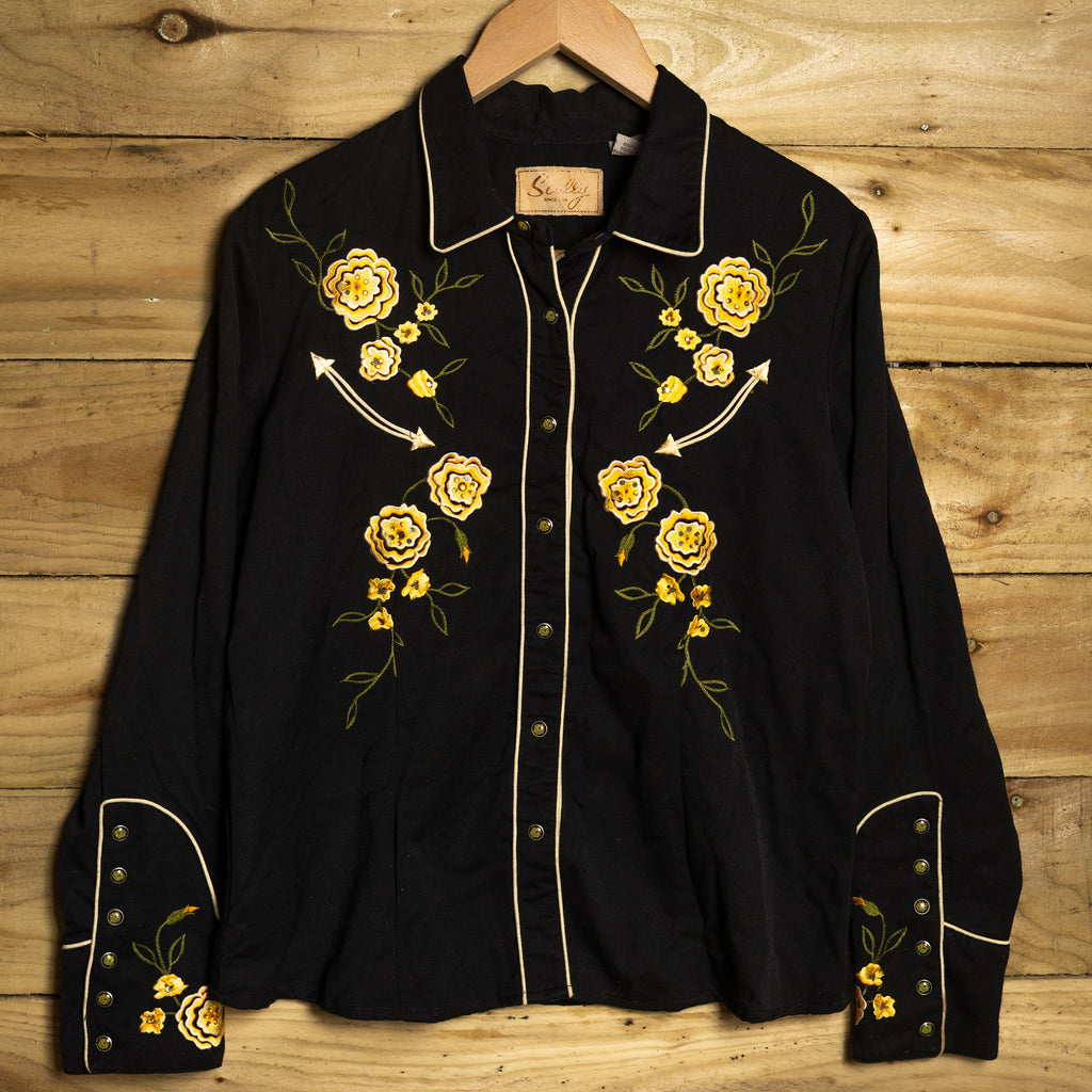 Scully Western Flower-Embroidered Black Cowboy Shirt - Pearl Snaps - Size L