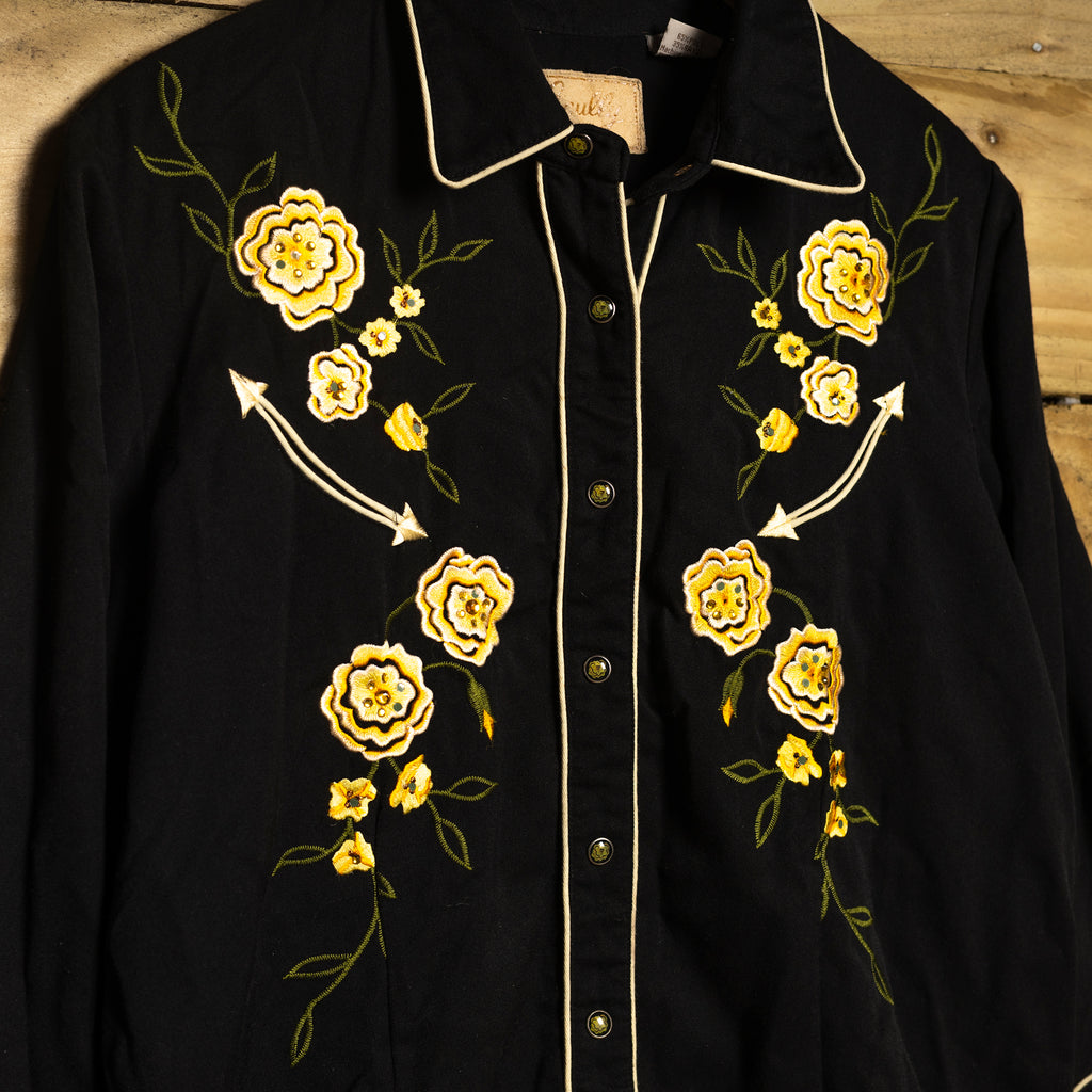 Scully Western Flower-Embroidered Black Cowboy Shirt - Pearl Snaps - Size L