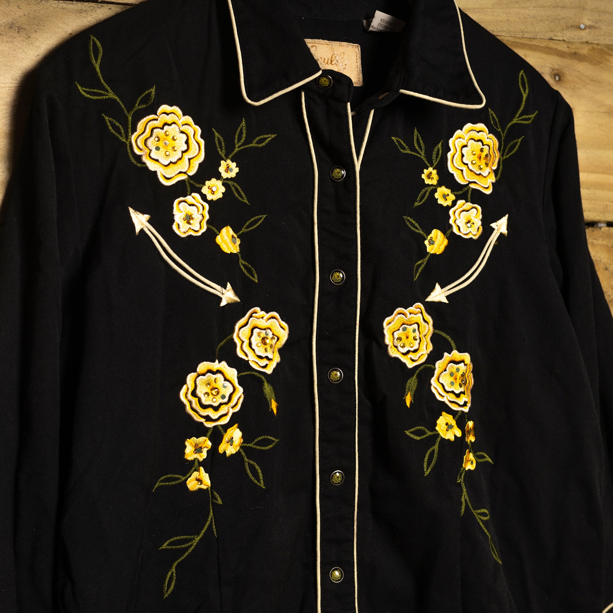 Scully Western Flower Embroidered Black Cowboy Shirt L