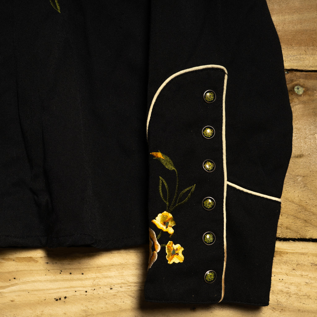 Scully Western Flower-Embroidered Black Cowboy Shirt - Pearl Snaps - Size L