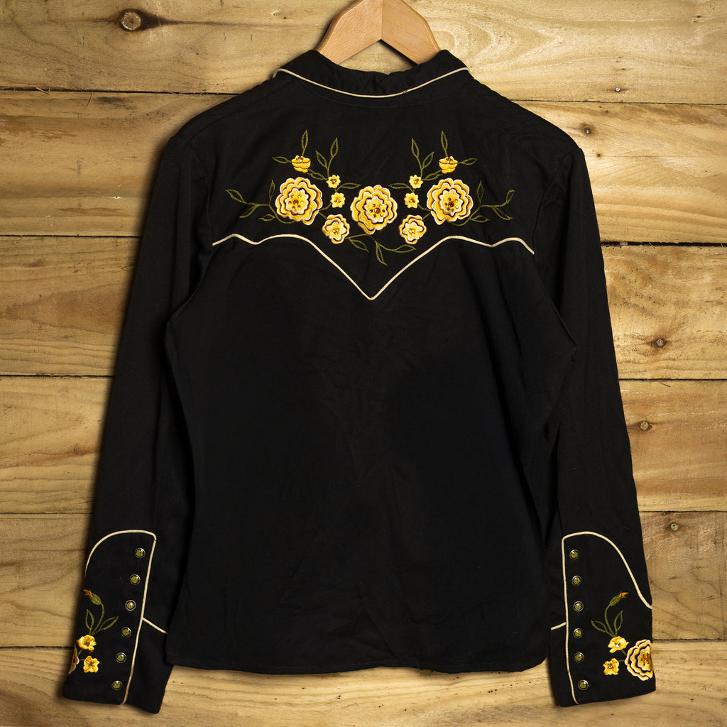Scully Western Flower-Embroidered Black Cowboy Shirt - Pearl Snaps - Size L