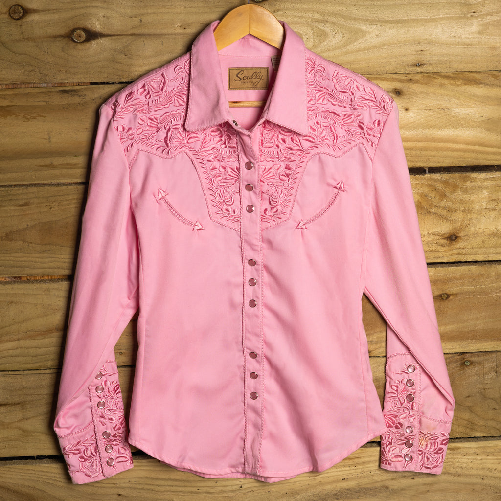 Scully Western Wear Pink Floral Embroidered Cowgirl Shirt with Pearl Snaps, Size L