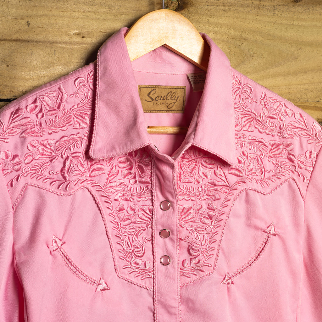 Scully Western Wear Pink Floral Embroidered Cowgirl Shirt with Pearl Snaps, Size L
