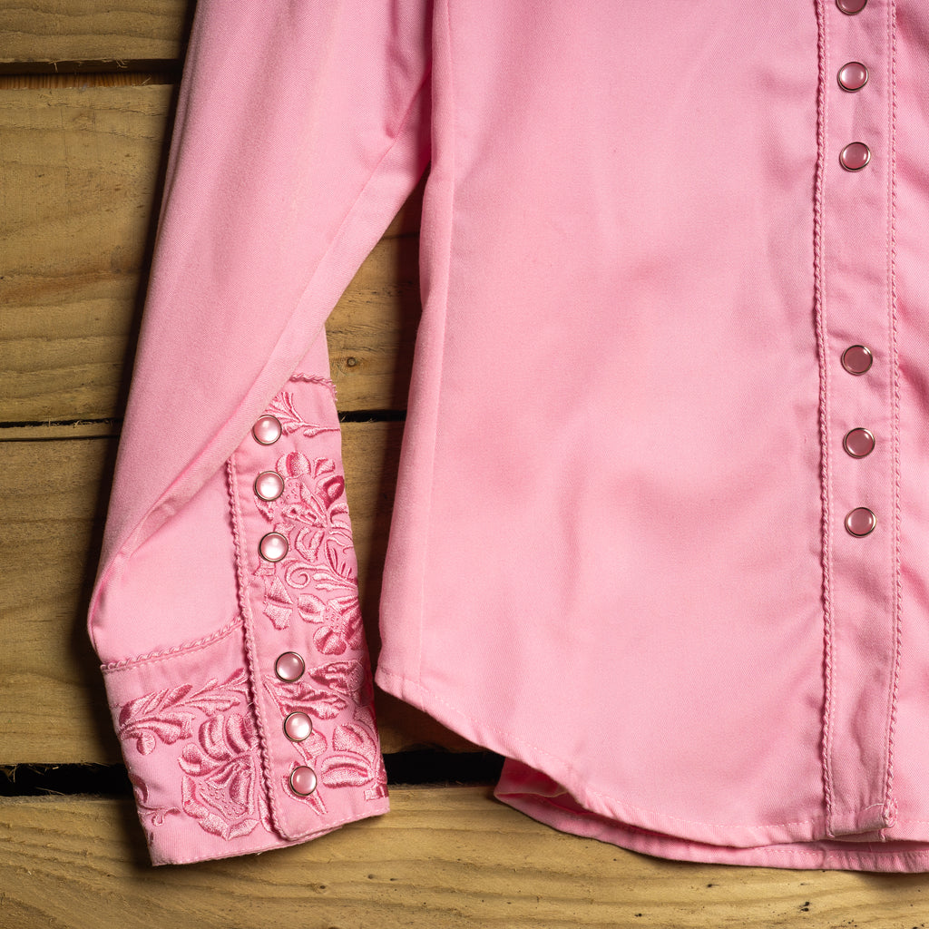 Scully Western Wear Pink Floral Embroidered Cowgirl Shirt with Pearl Snaps, Size L