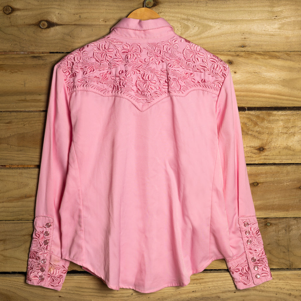 Scully Western Wear Pink Floral Embroidered Cowgirl Shirt with Pearl Snaps, Size L