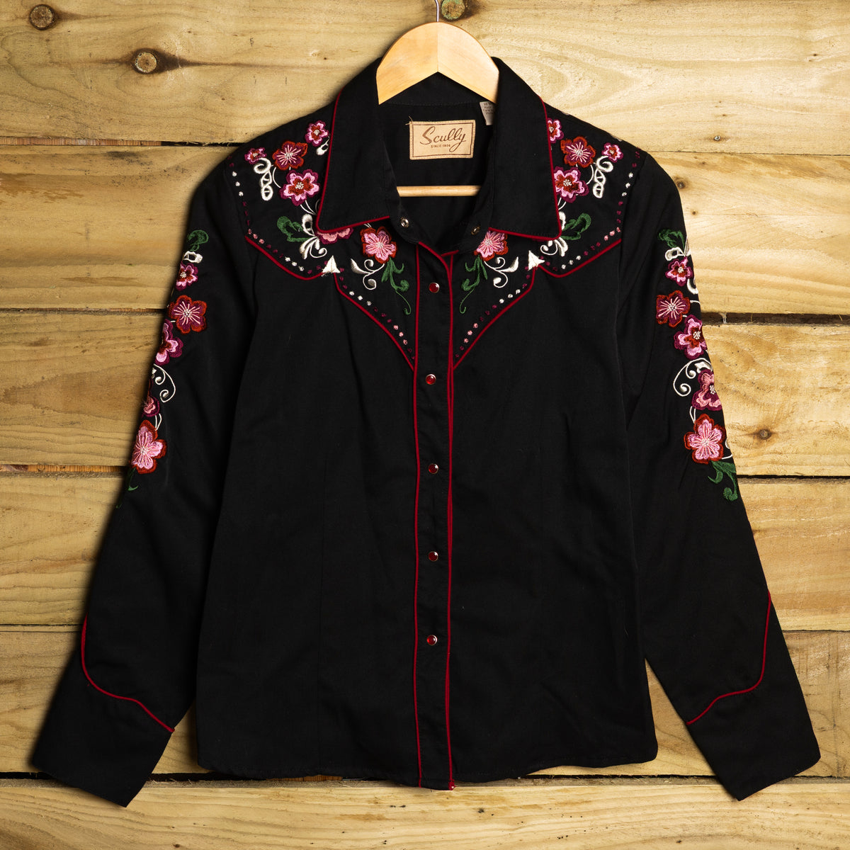 Scully Black Floral Embroidered Western Shirt Women's M 12–14