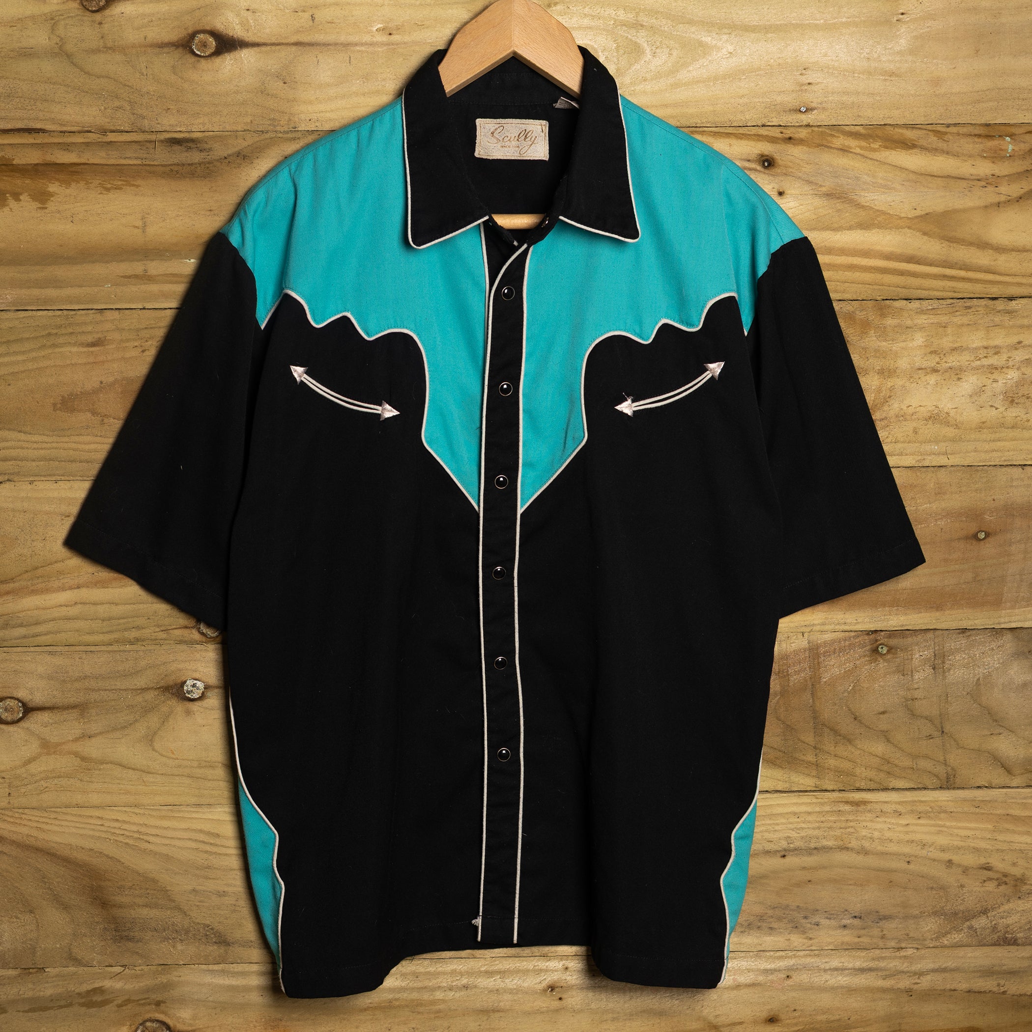 Vintage Scully Western Wear Black and Turquoise Short Sleeve Cowboy Shirt XL