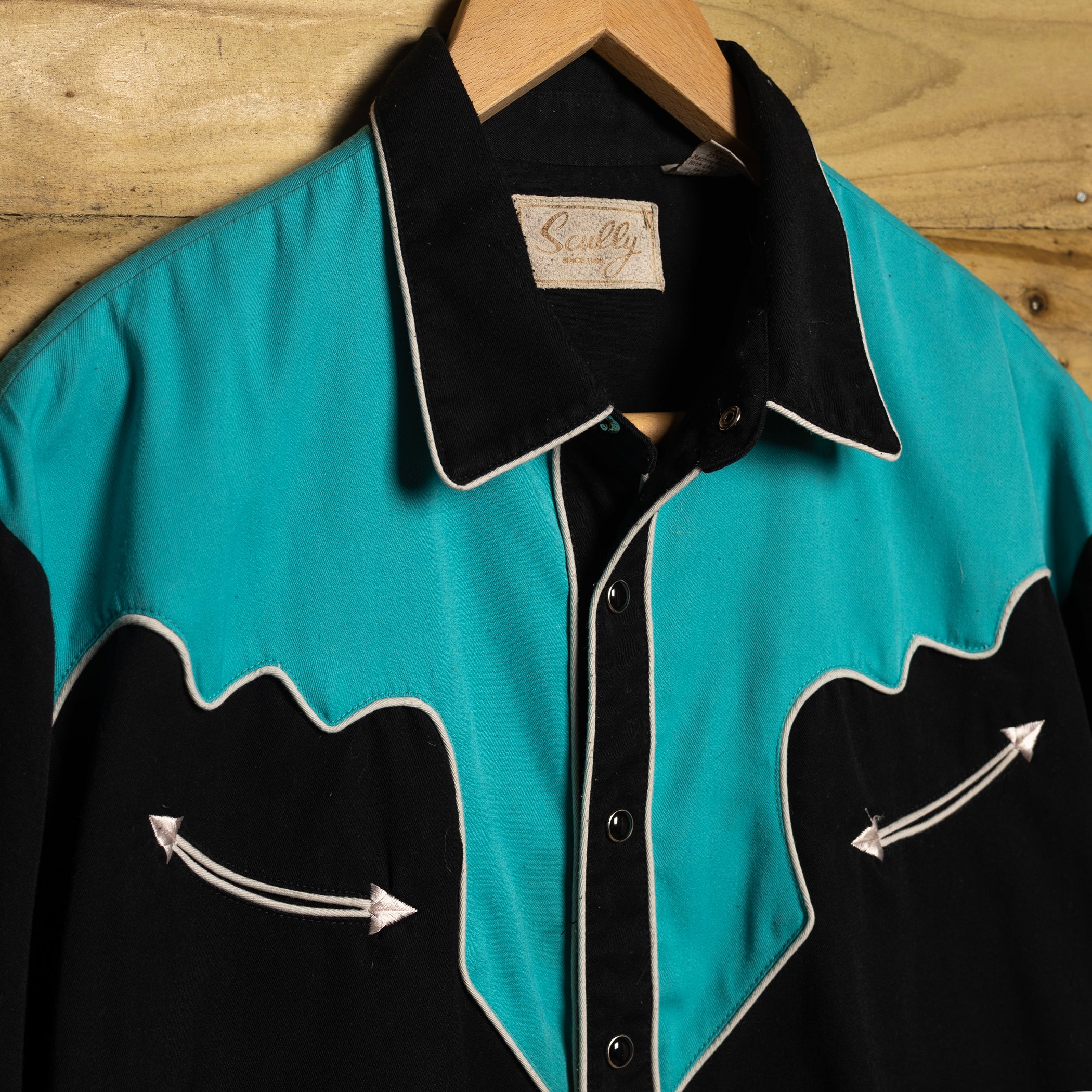 Vintage Scully Western Wear Black and Turquoise Short Sleeve Cowboy Shirt XL