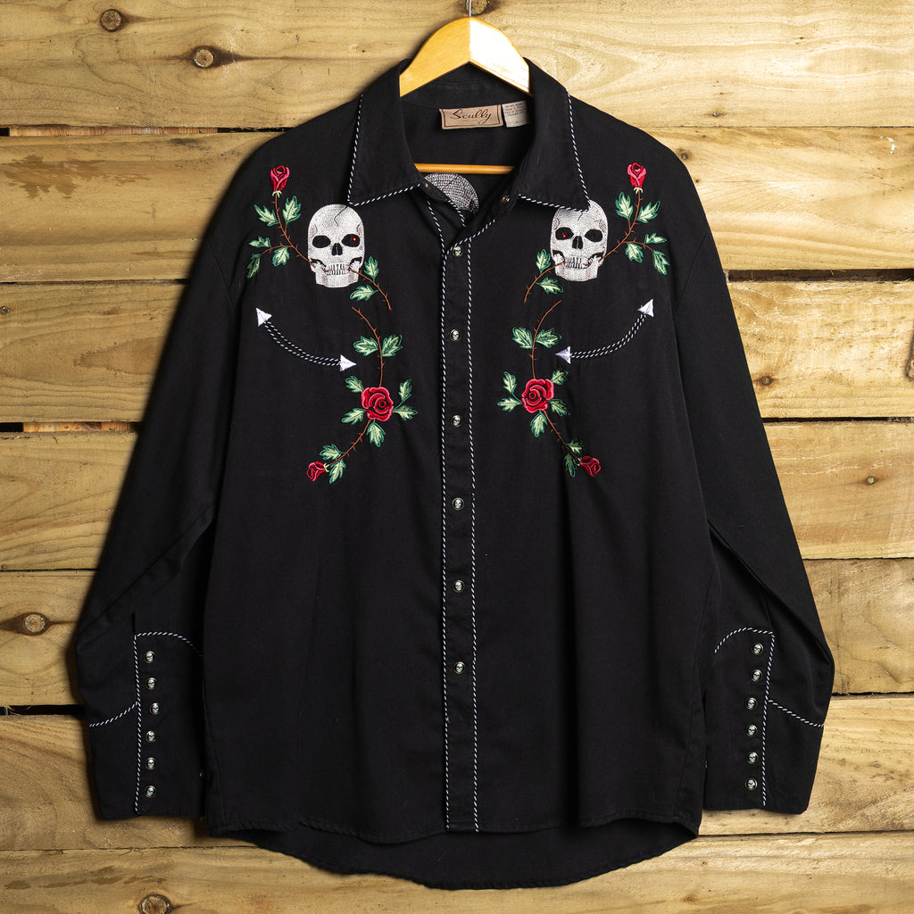 Scully Embroidered Skull & Roses Western Shirt — Pearl Snaps, Piping | XL