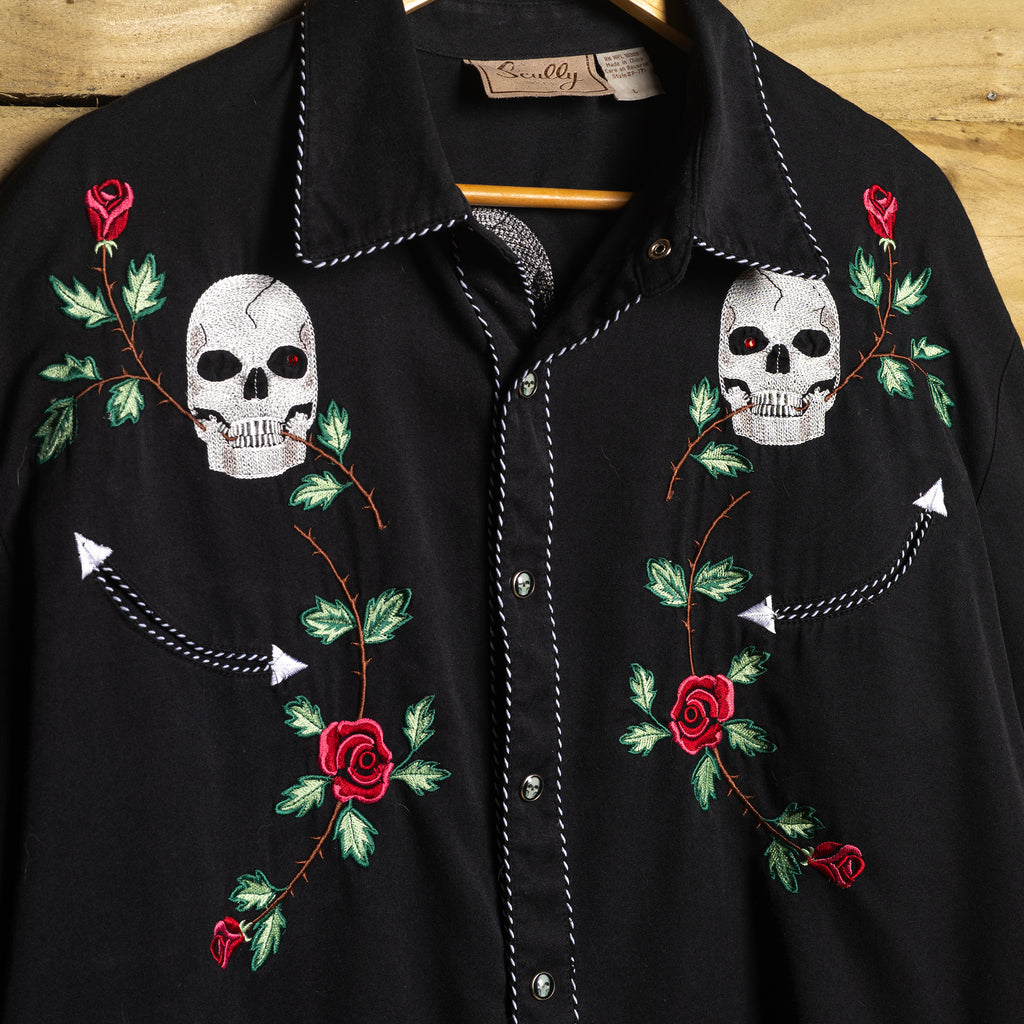 Scully Embroidered Skull & Roses Western Shirt — Pearl Snaps, Piping | XL