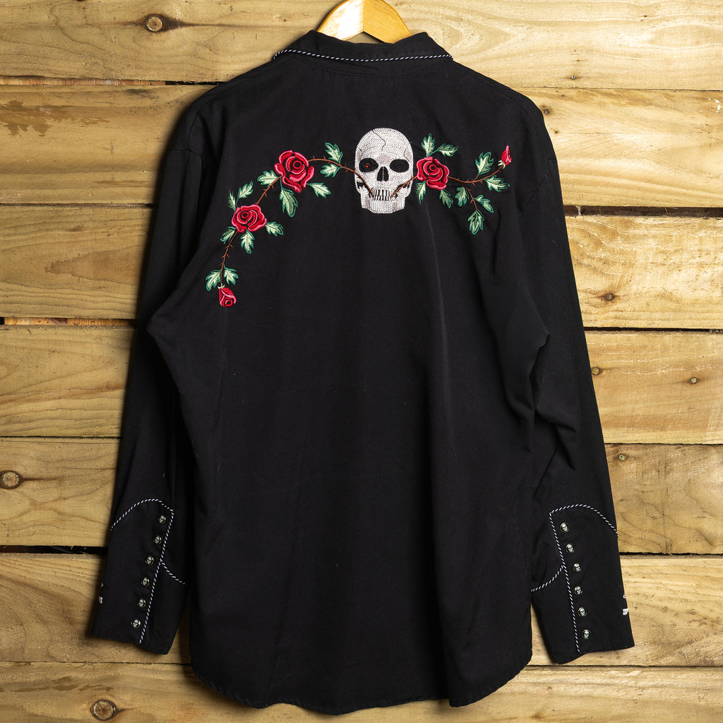 Scully Embroidered Skull & Roses Western Shirt — Pearl Snaps, Piping | XL