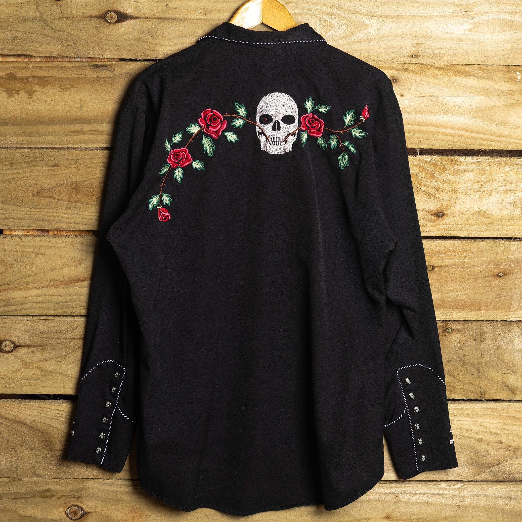 Scully Embroidered Skull & Roses Western Shirt — Pearl Snaps, Piping | XL
