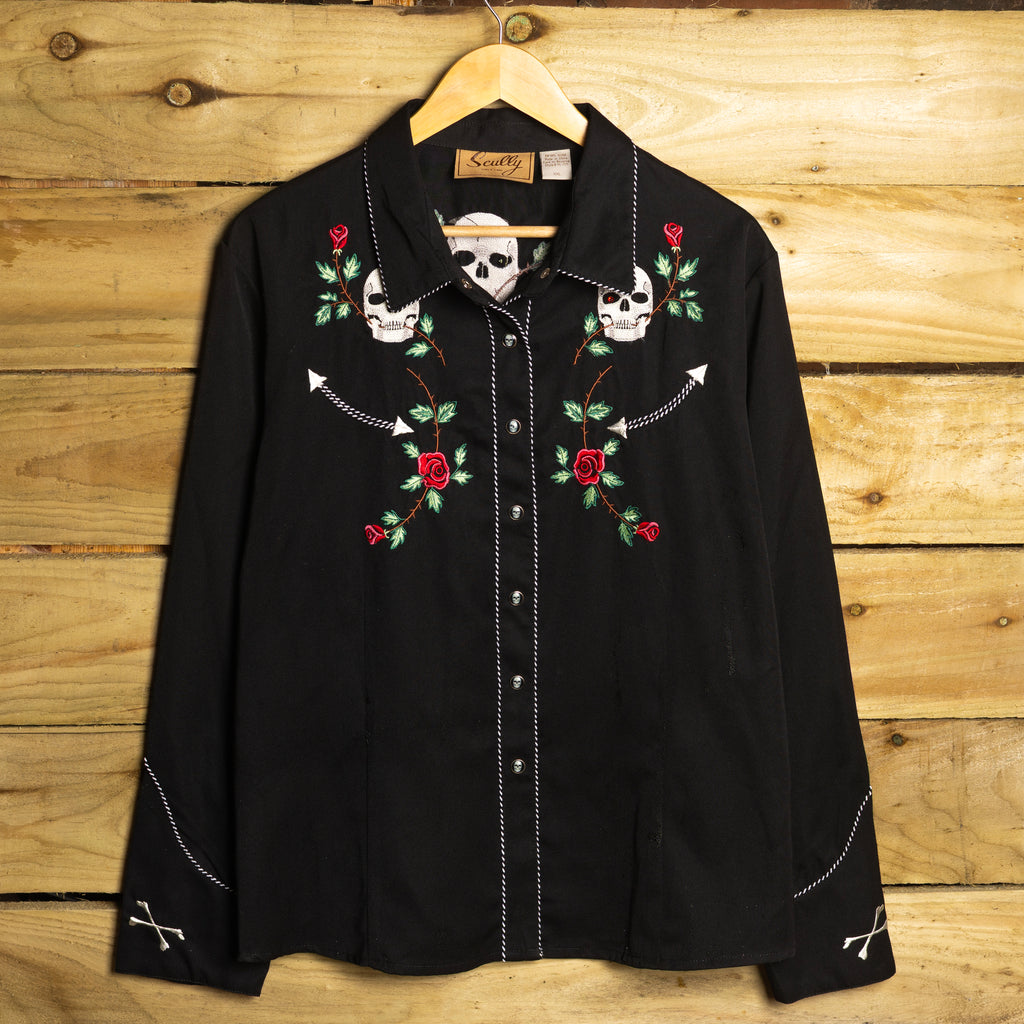 NWT Scully Black Floral Skull & Roses Western Shirt Women's XXL 24–26