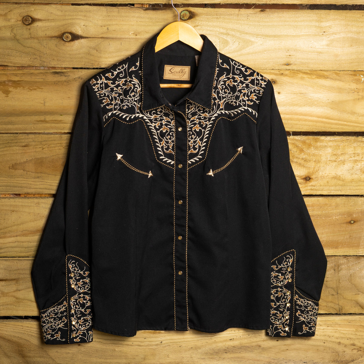 Scully Western Wear Vintage Black & Gold Embroidered Pearl Snap Cowgirl Shirt — Size XL