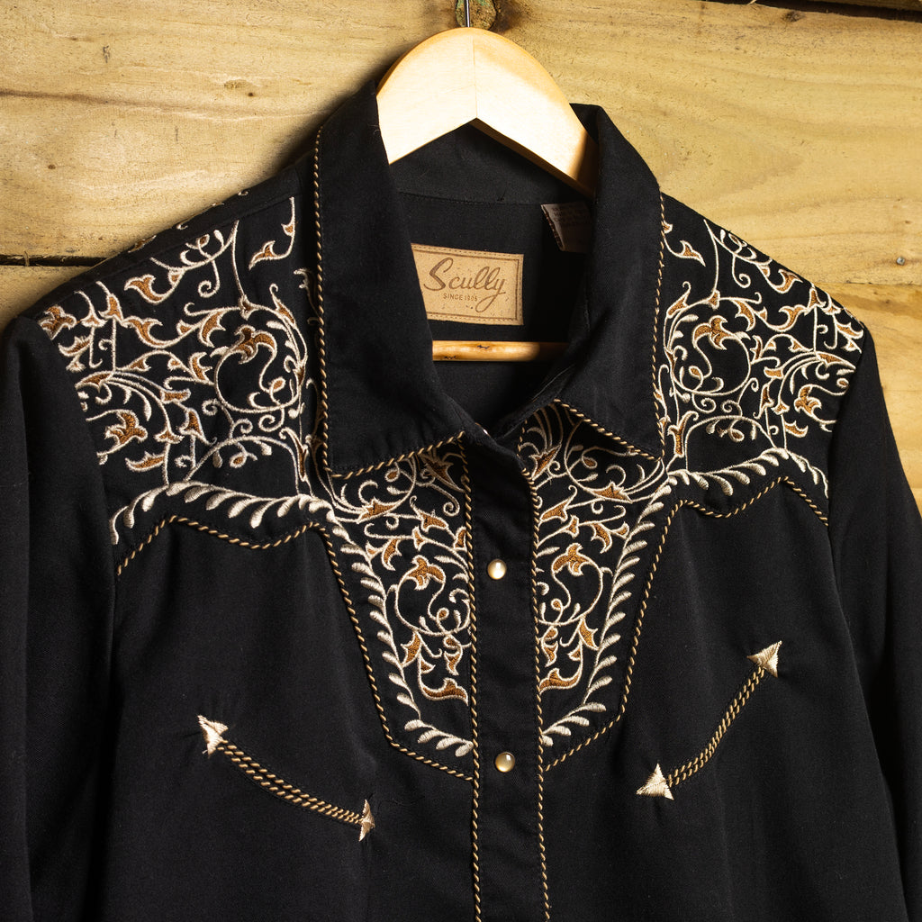 Scully Western Wear Vintage Black & Gold Embroidered Pearl Snap Cowgirl Shirt — Size XL