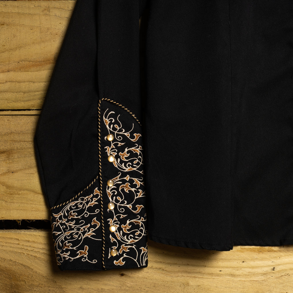 Scully Western Wear Vintage Black & Gold Embroidered Pearl Snap Cowgirl Shirt — Size XL