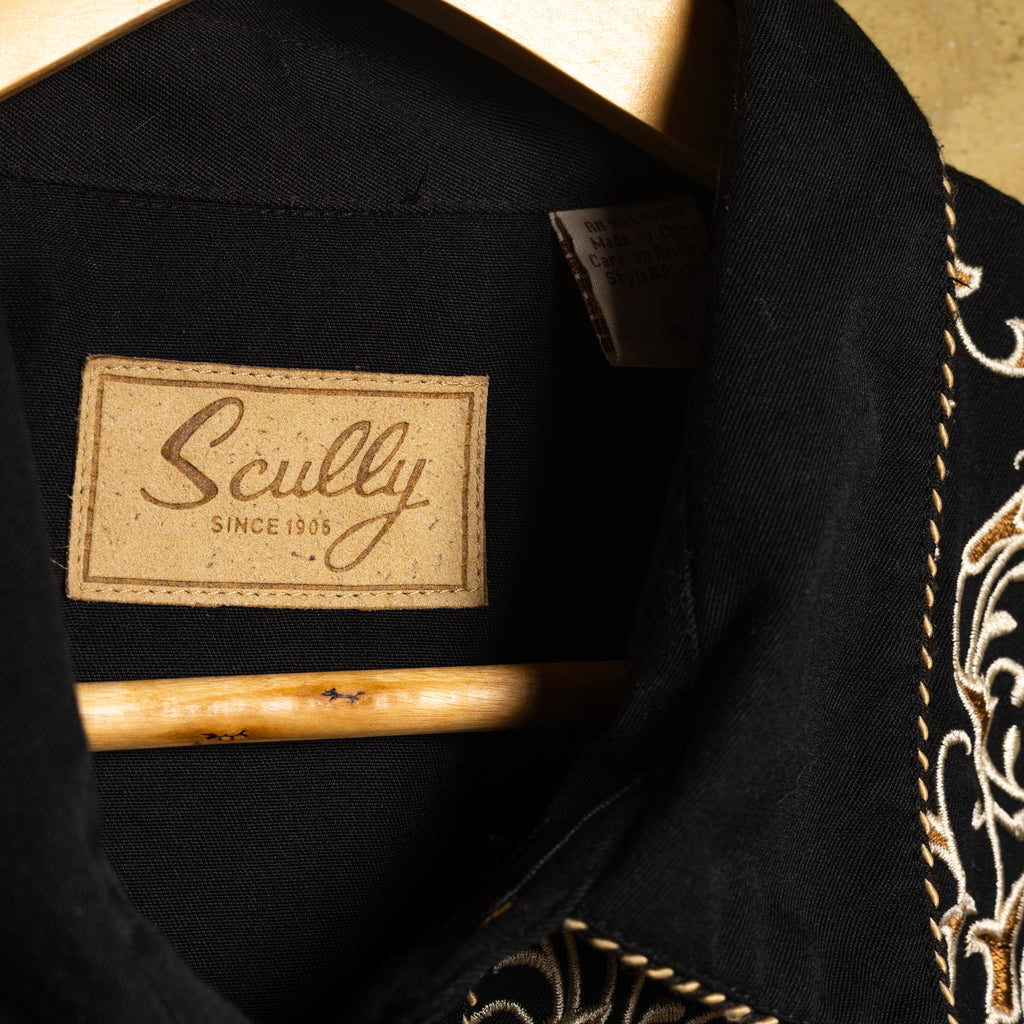 Scully Western Wear Vintage Black & Gold Embroidered Pearl Snap Cowgirl Shirt — Size XL