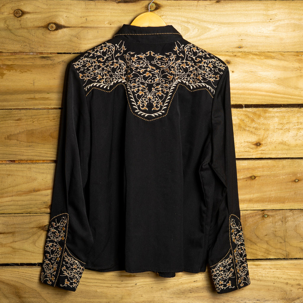 Scully Western Wear Vintage Black & Gold Embroidered Pearl Snap Cowgirl Shirt — Size XL