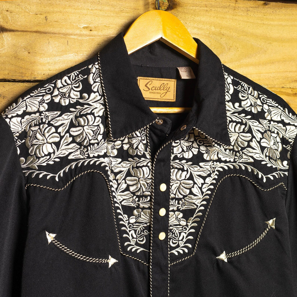 Scully Black & White Floral Embroidered Western Shirt XL
