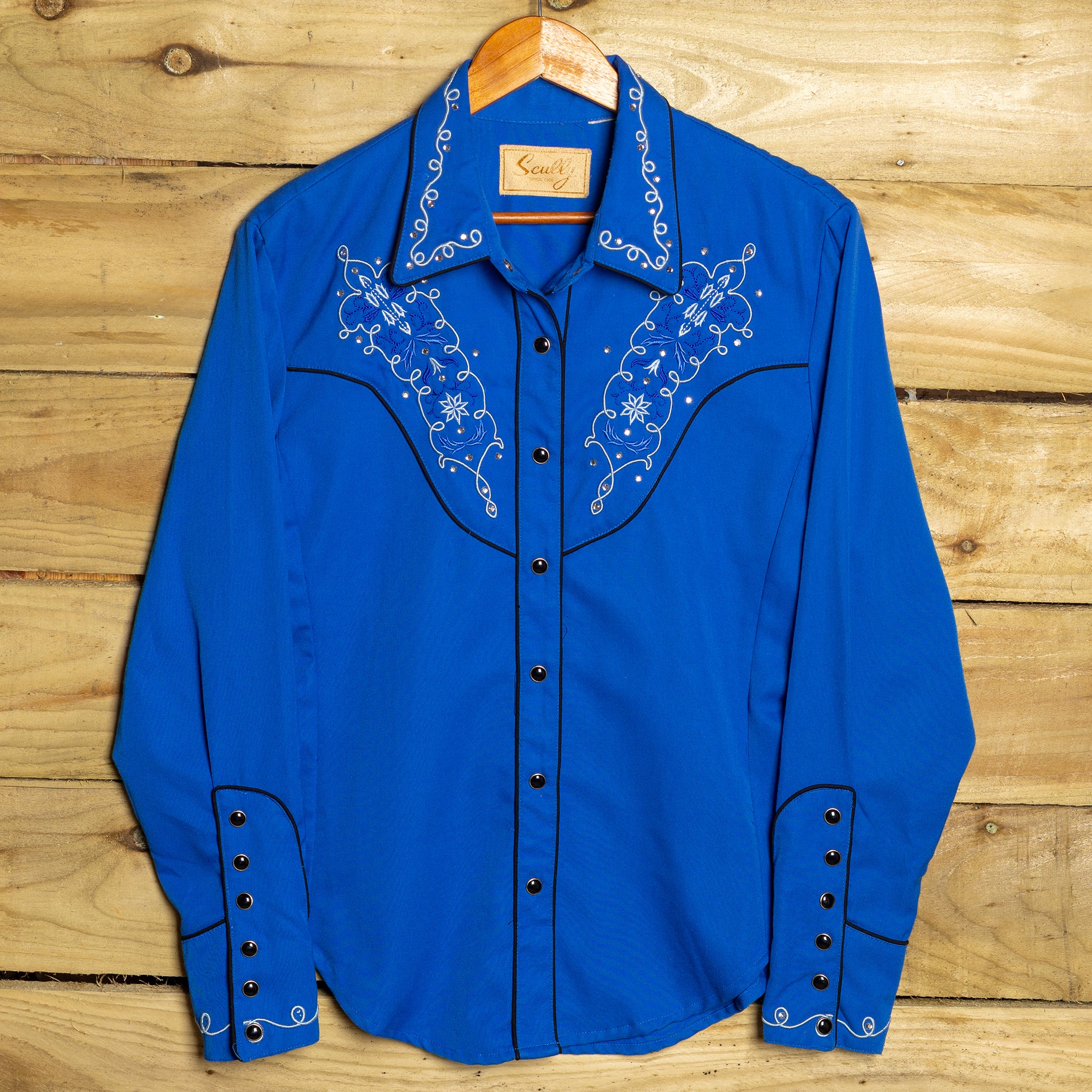 Vintage Scully Western Wear Embroidered Gem Detail Blue Western Shirt – Pearl Snaps, Size L (16-18)