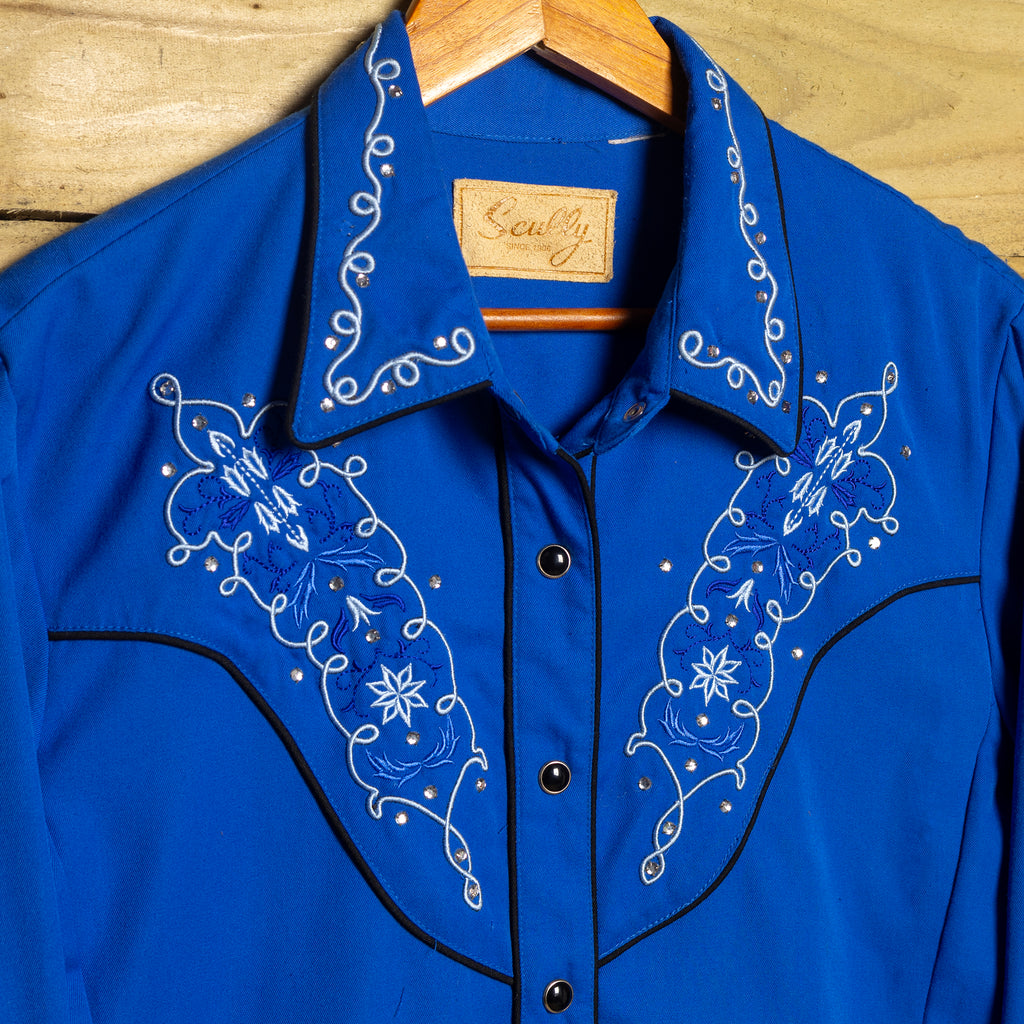 Vintage Scully Western Wear Embroidered Gem Detail Blue Western Shirt – Pearl Snaps, Size L (16-18)