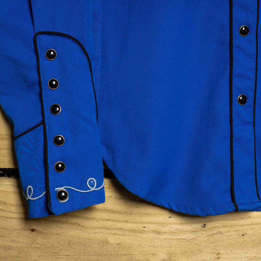 Vintage Scully Western Wear Embroidered Gem Detail Blue Western Shirt – Pearl Snaps, Size L (16-18)