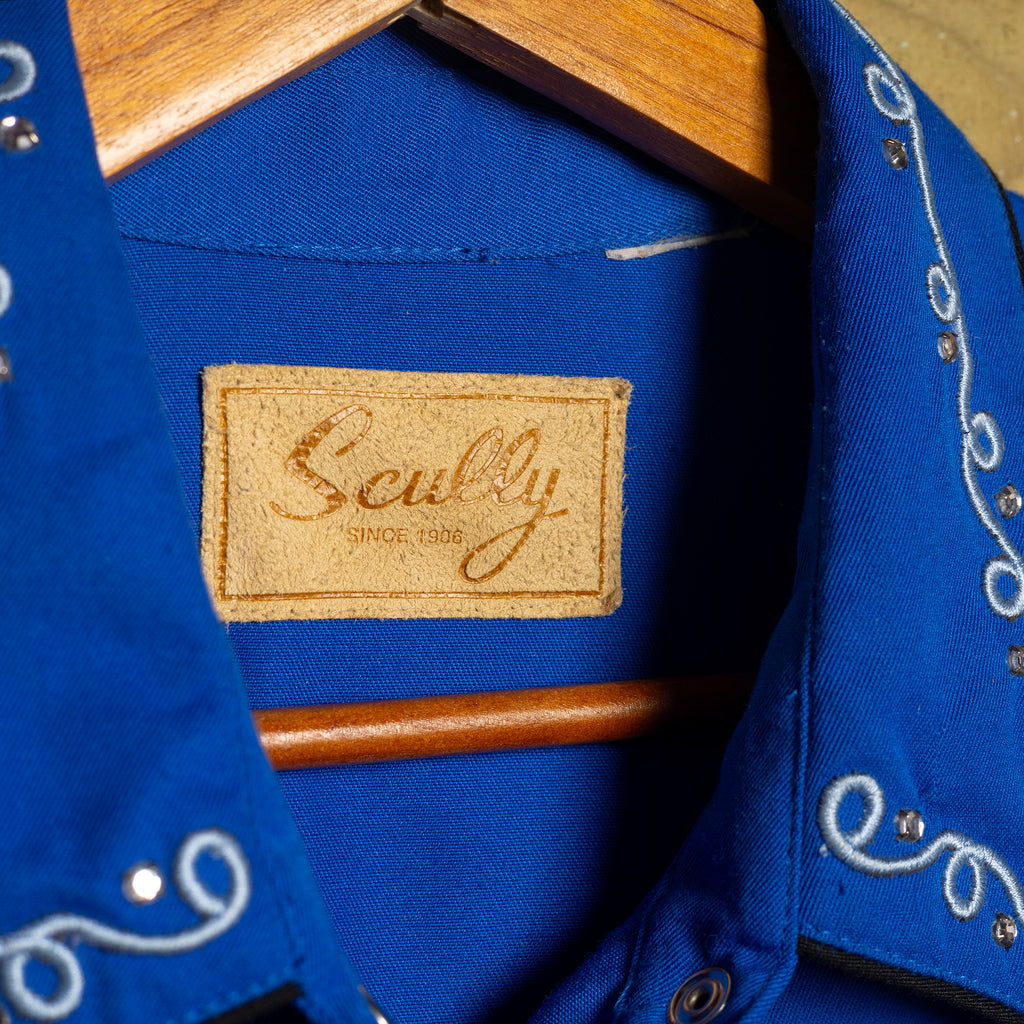 Vintage Scully Western Wear Embroidered Gem Detail Blue Western Shirt – Pearl Snaps, Size L (16-18)