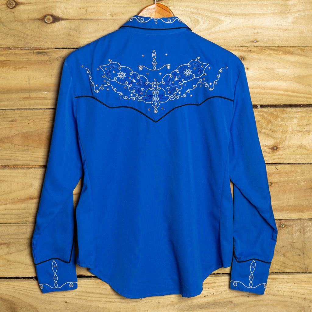 Vintage Scully Western Wear Embroidered Gem Detail Blue Western Shirt – Pearl Snaps, Size L (16-18)