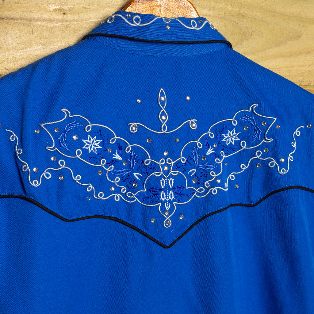 Vintage Scully Western Wear Embroidered Gem Detail Blue Western Shirt – Pearl Snaps, Size L (16-18)