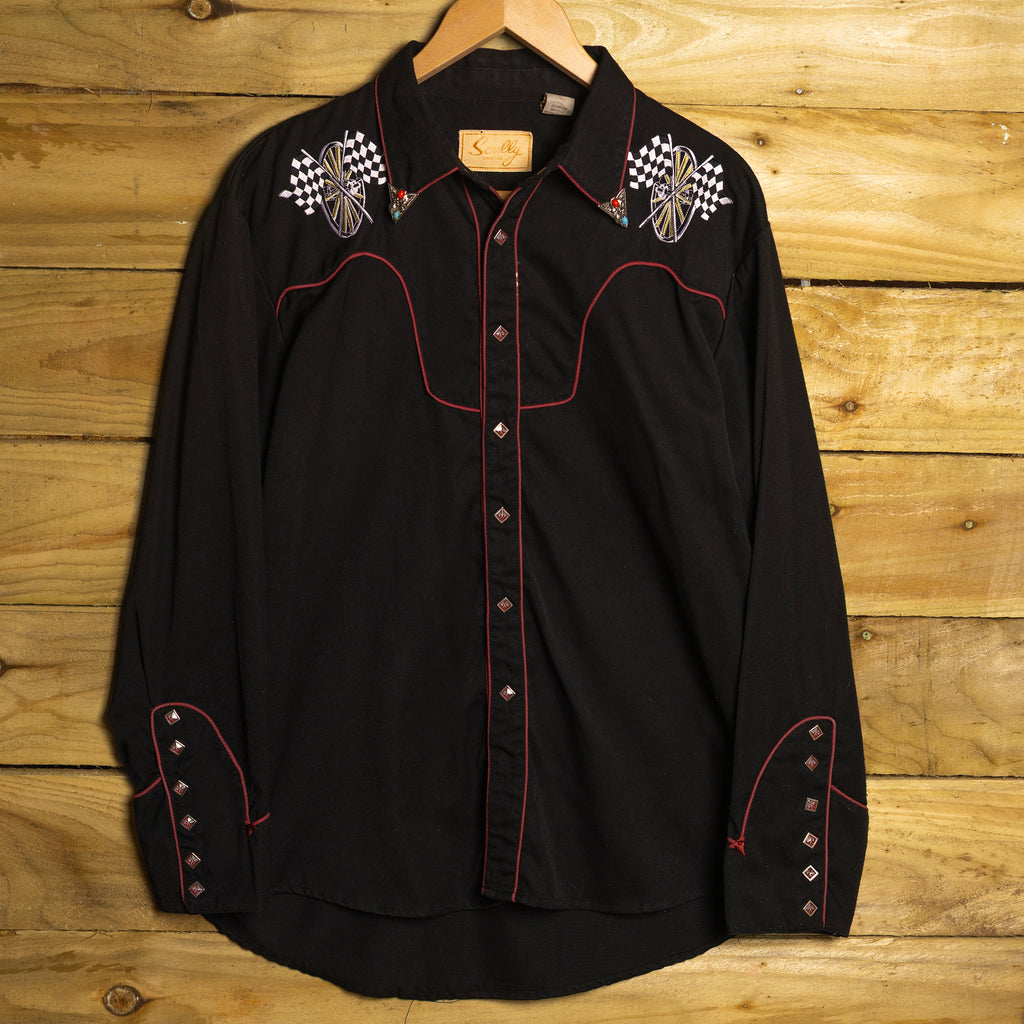 Vintage Scully Western Wear Embroidered Black Cowboy Shirt with Pearl Snaps & Collar Tips - Size Large