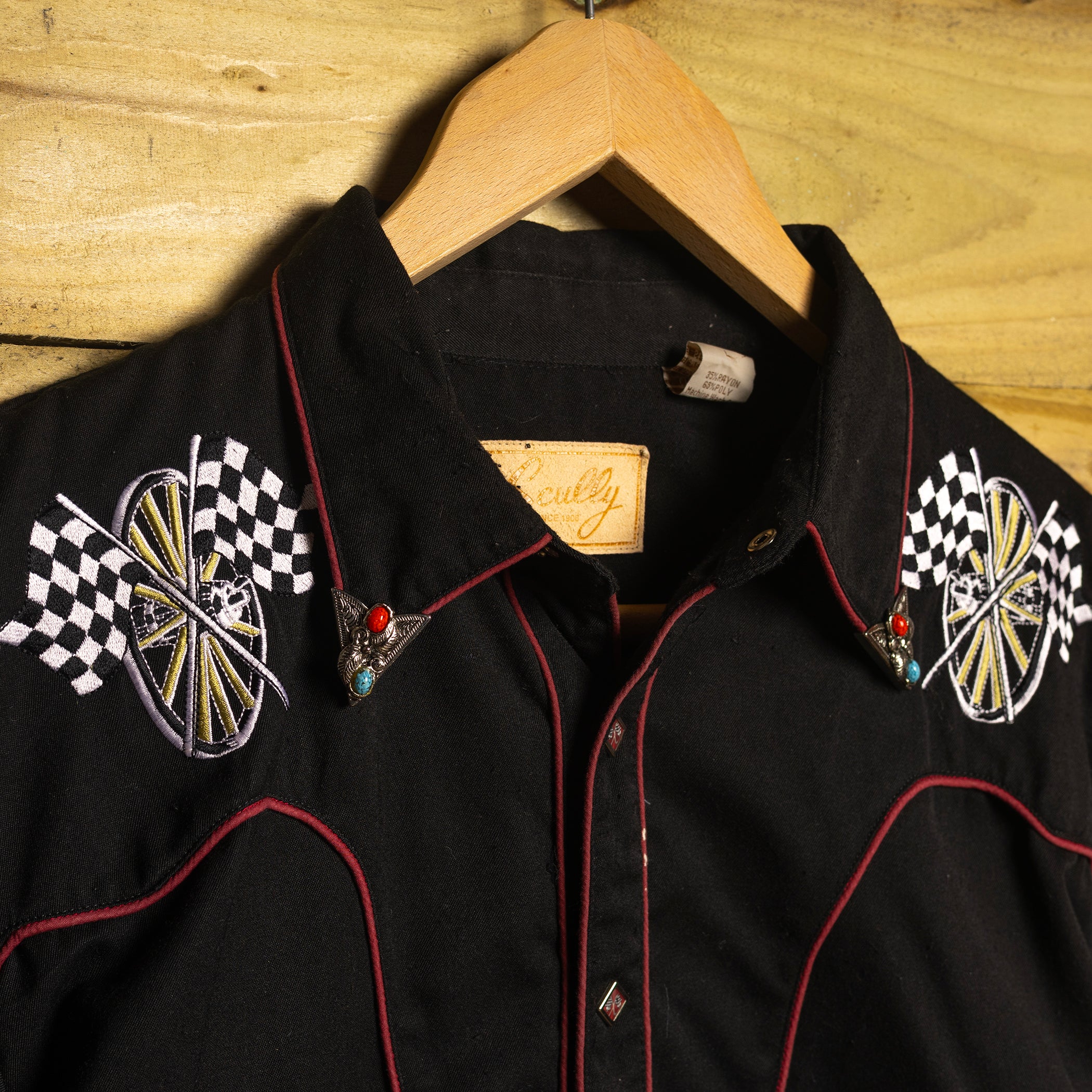 Vintage Scully Western Wear Embroidered Black Cowboy Shirt with Pearl Snaps & Collar Tips - Size Large