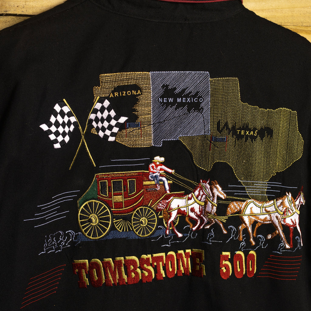 Vintage Scully Western Wear Embroidered Black Cowboy Shirt with Pearl Snaps & Collar Tips - Size Large
