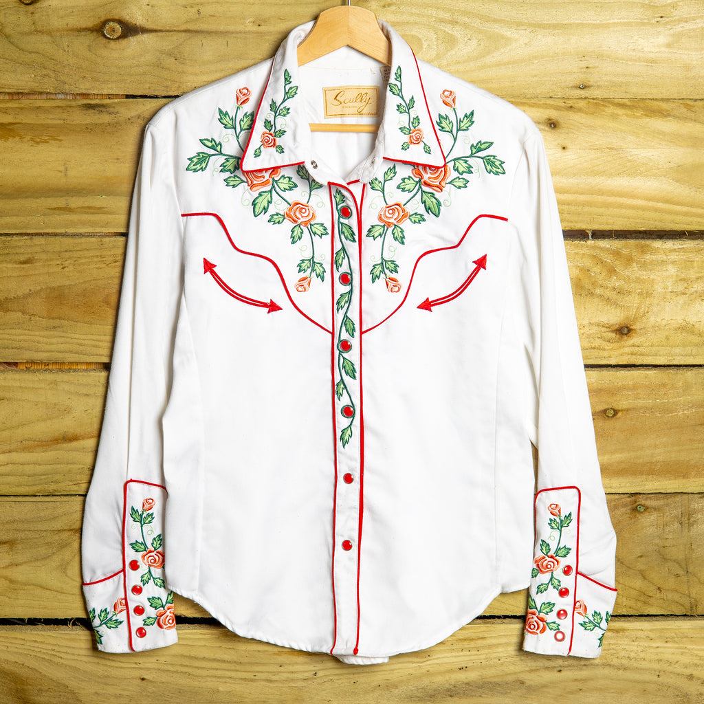 Scully Western Wear Rose Embroidered Cowgirl Shirt – Red & White | M (12–14)