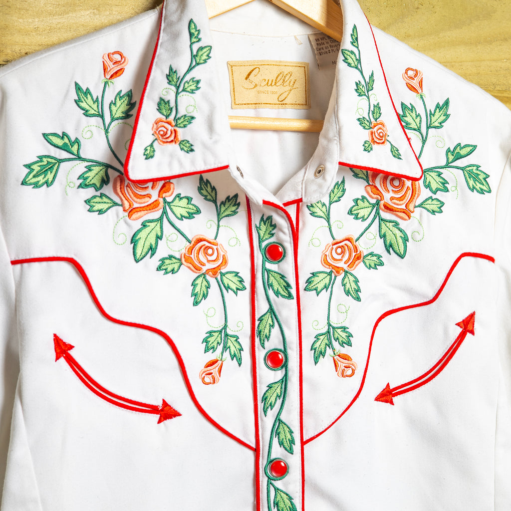 Scully Western Wear Rose Embroidered Cowgirl Shirt – Red & White | M (12–14)